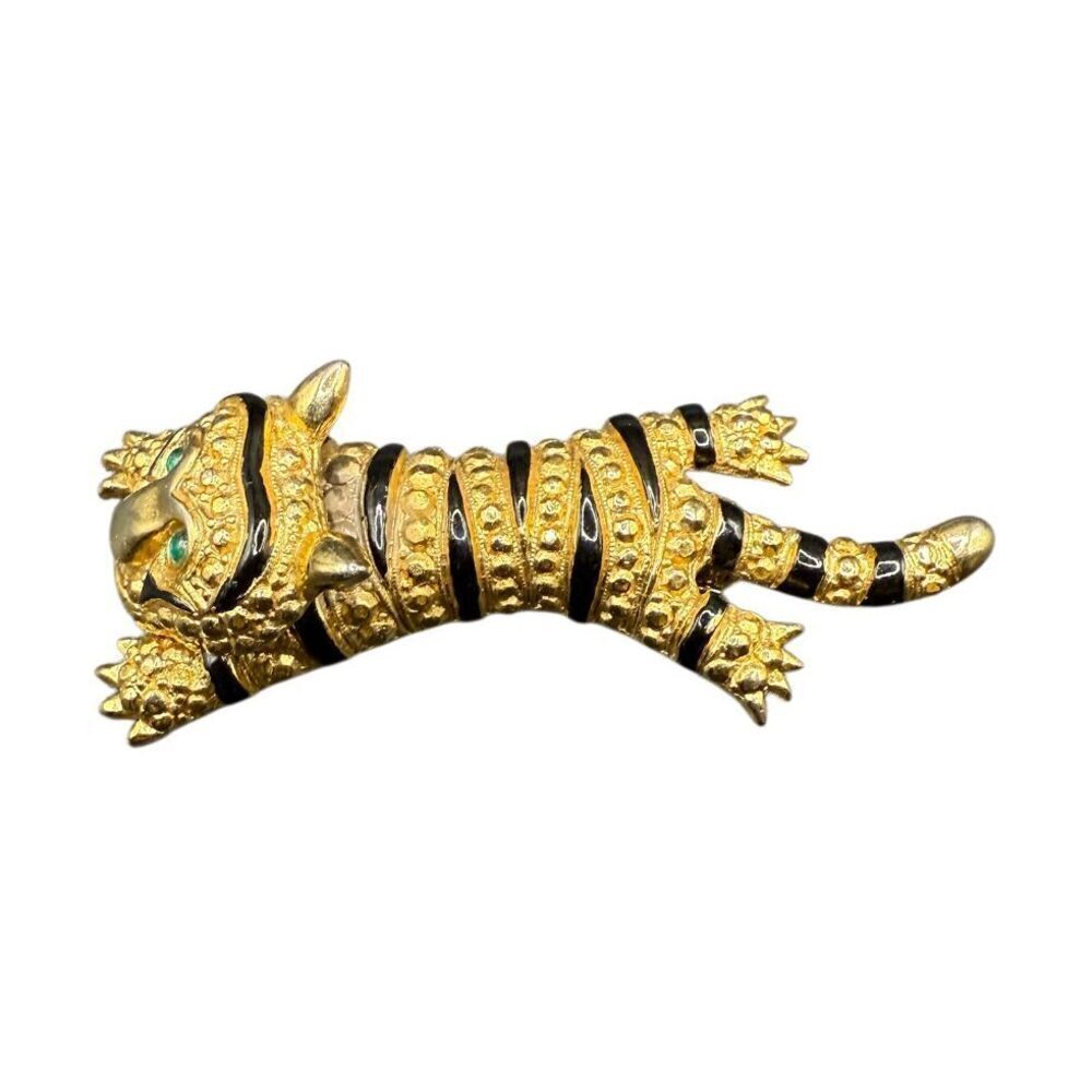 Leopard Brooch Vintage Gold W/Black Stripes Green Eyes